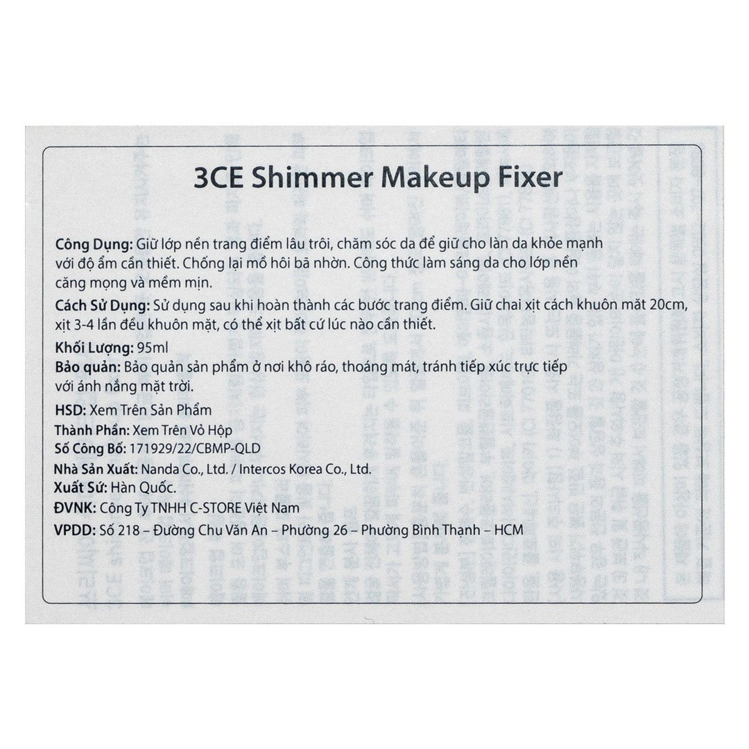 Xịt khóa lớp trang điểm 3CE Shimmer Makeup Fixer 95ml