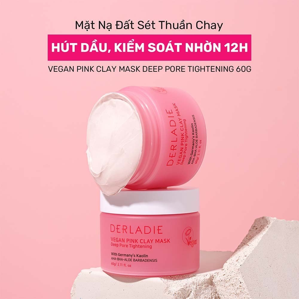 Mặt nạ đất sét thuần chay kiểm soát dầu nhờn cho da mụn DERLADIE VEGAN PINK CLAY MASK 60g